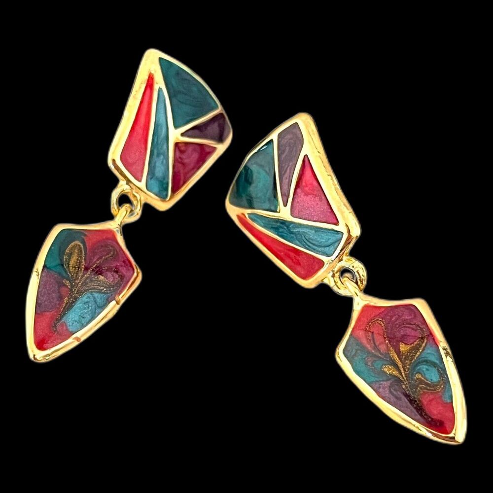 Vintage 1980s Gold Tone Pierced Earrings Hand Applied Shimmer Enamel NOS - 3GB